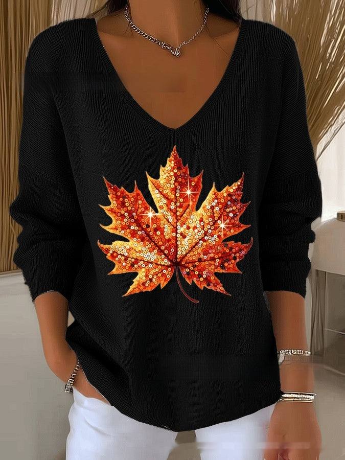 Florence Adair | Maple Leaf Print V-Neck Sweater For Women