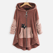 Natalie Fairchild | Cozy Cat-Print Hooded Fleece Coat For Women