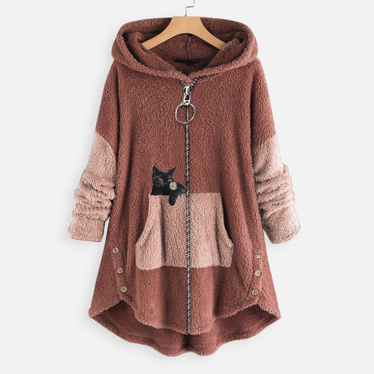 Natalie Fairchild | Cozy Cat-Print Hooded Fleece Coat For Women