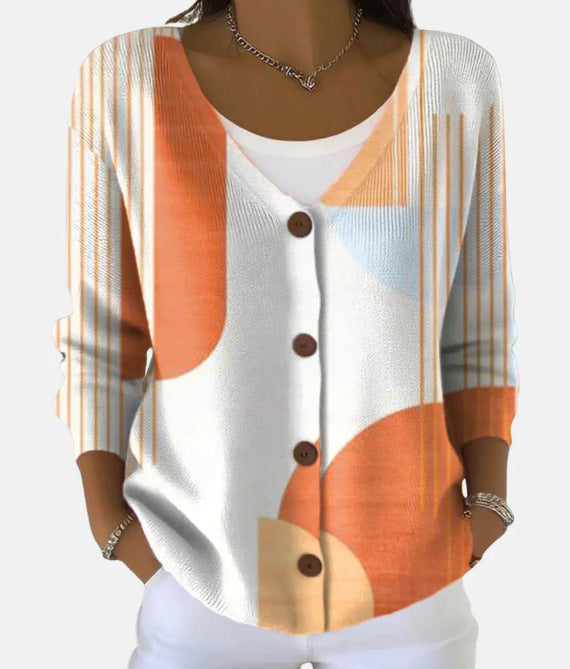 Elara Bloomfield | Printed Button-Up Knit Cardigan For Women
