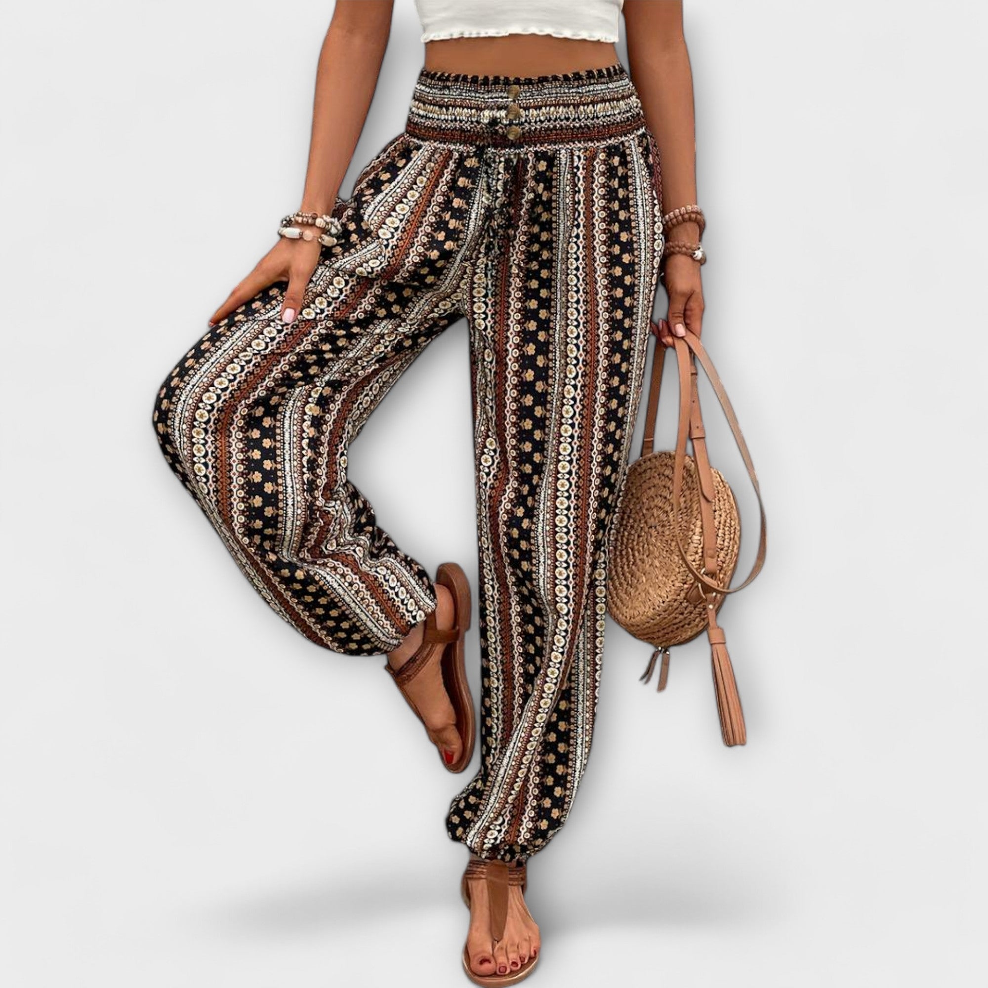 Giselle Tamberlaine | Boho Ethnic Print Smocked Waist Harem Pants
