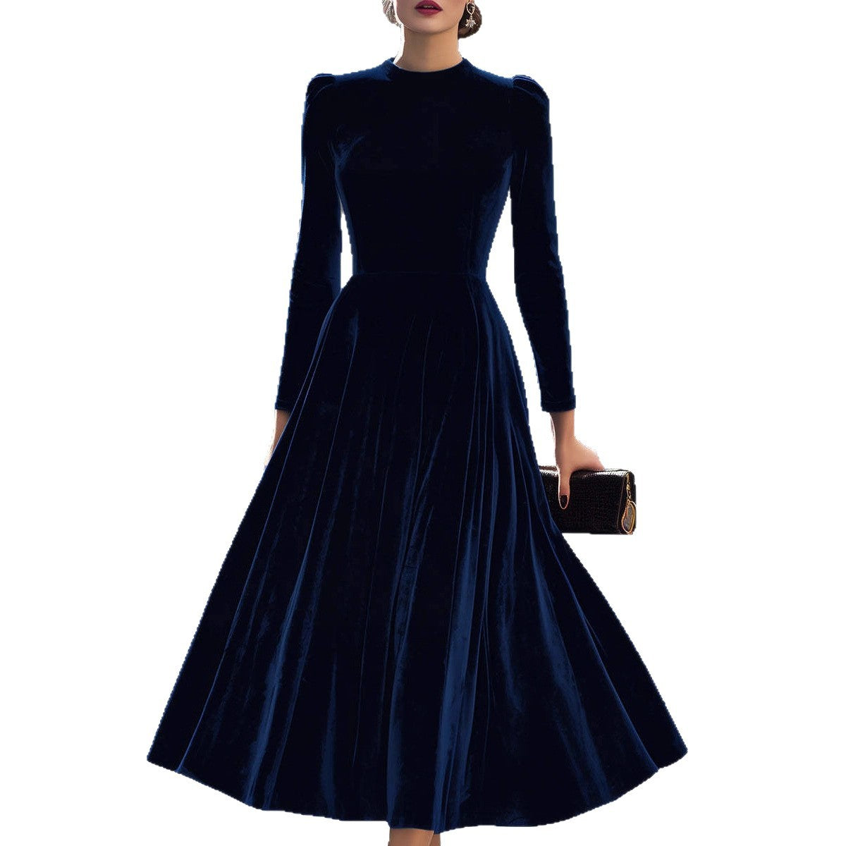 Tinsley Elmridge | Navy Velvet Long Sleeve Midi Dress For Women