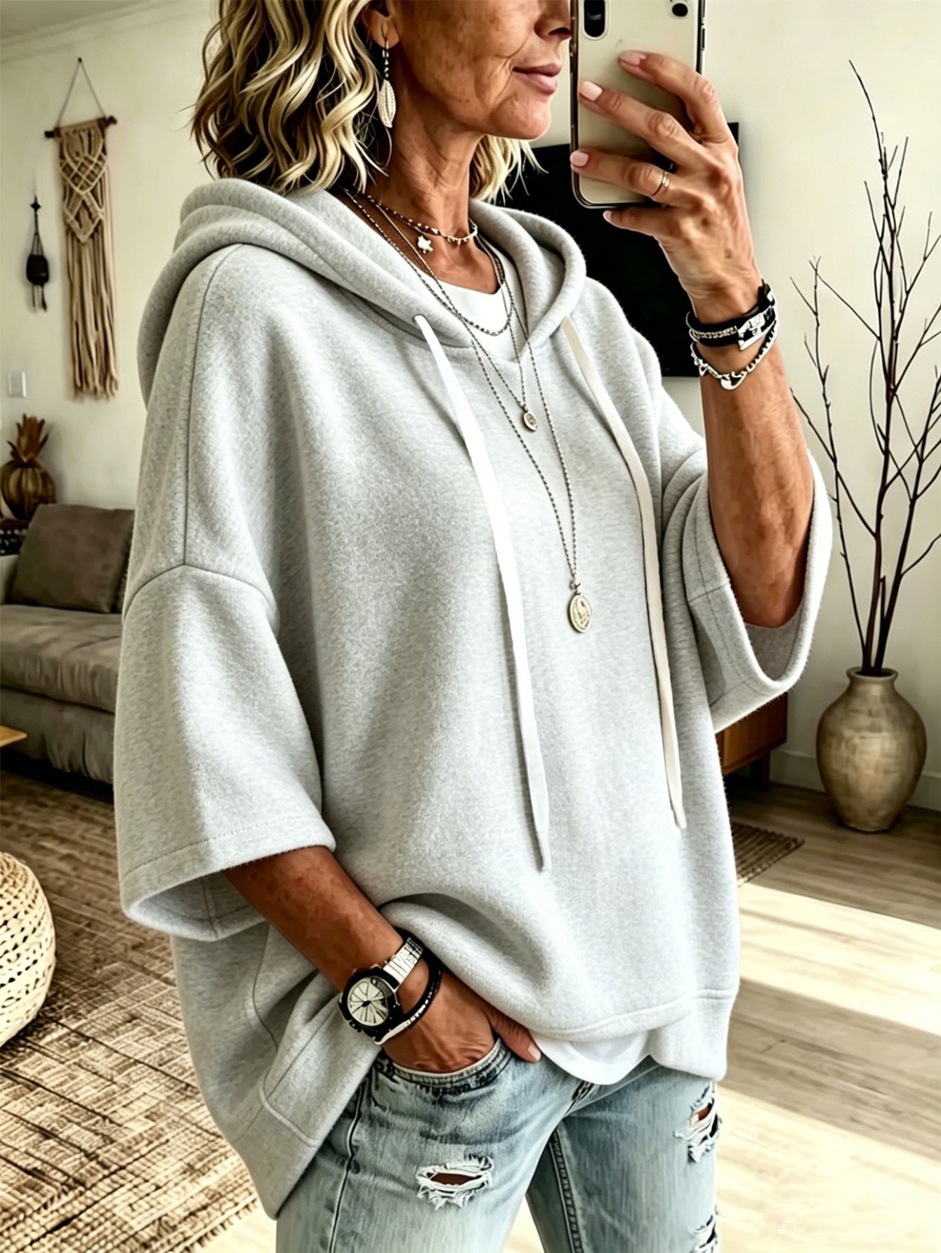 Bridget Calloway | Oversized Fleece Hoodie With 3/4 Sleeves For Women
