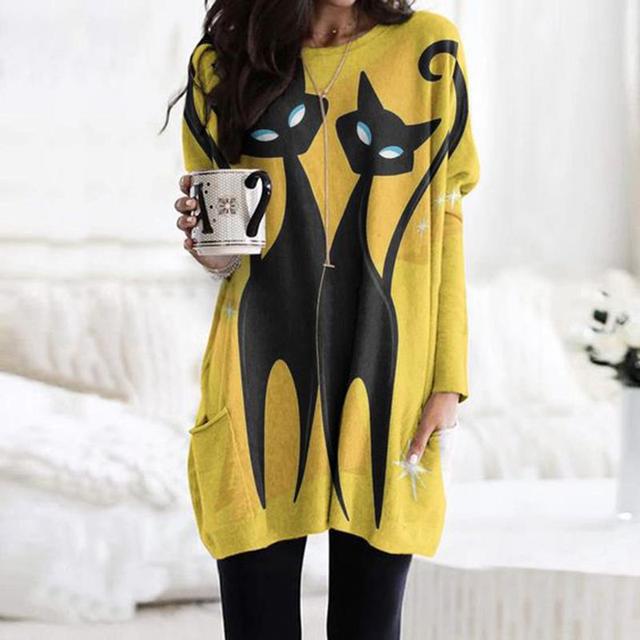 Nathalie Beauregard | Cat Print Long Sleeve Tunic Top For Women