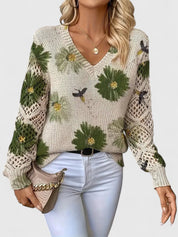 Rosalinde Fonteclair | Floral Knit V-Neck Sweater with Lace Sleeves
