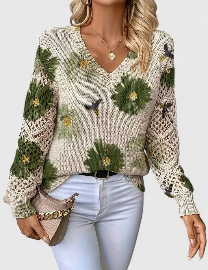 Rosalinde Fonteclair | Floral Knit V-Neck Sweater with Lace Sleeves