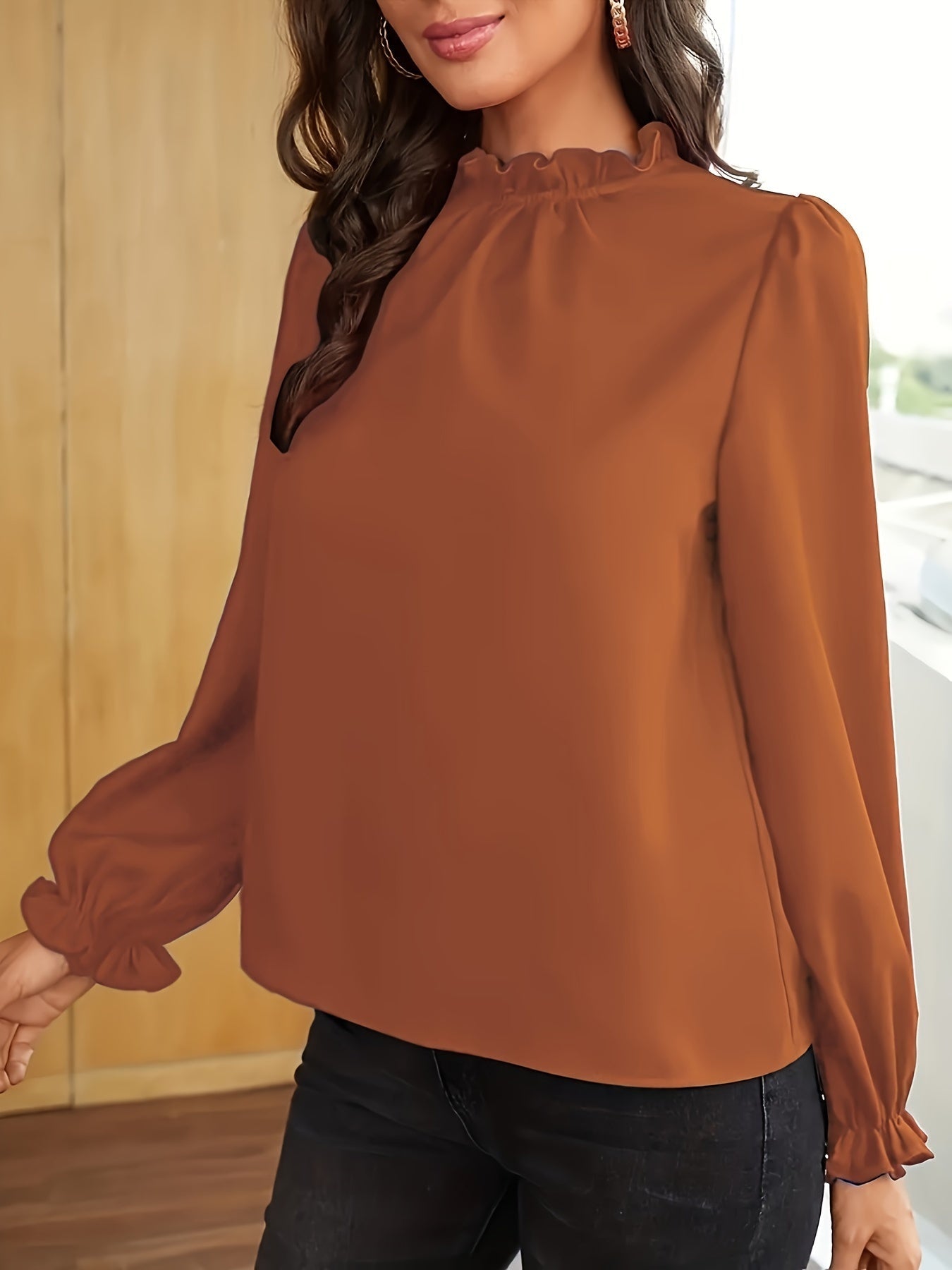 Cosette Vaillant | Rust Ruffled Blouse With Puff Sleeves For Women
