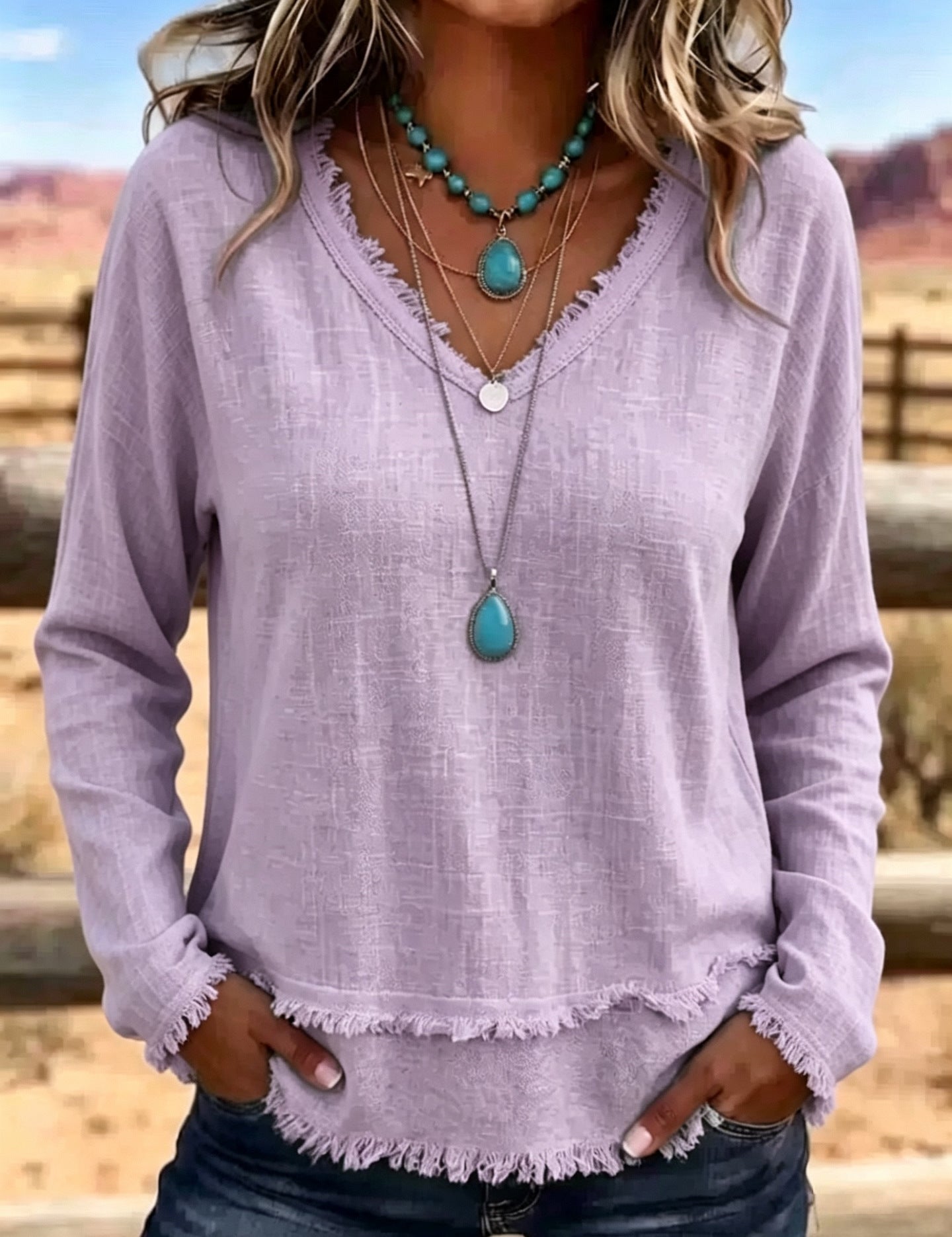 Isabelle Rousseau | Frayed V-Neck Long Sleeve Top For Women