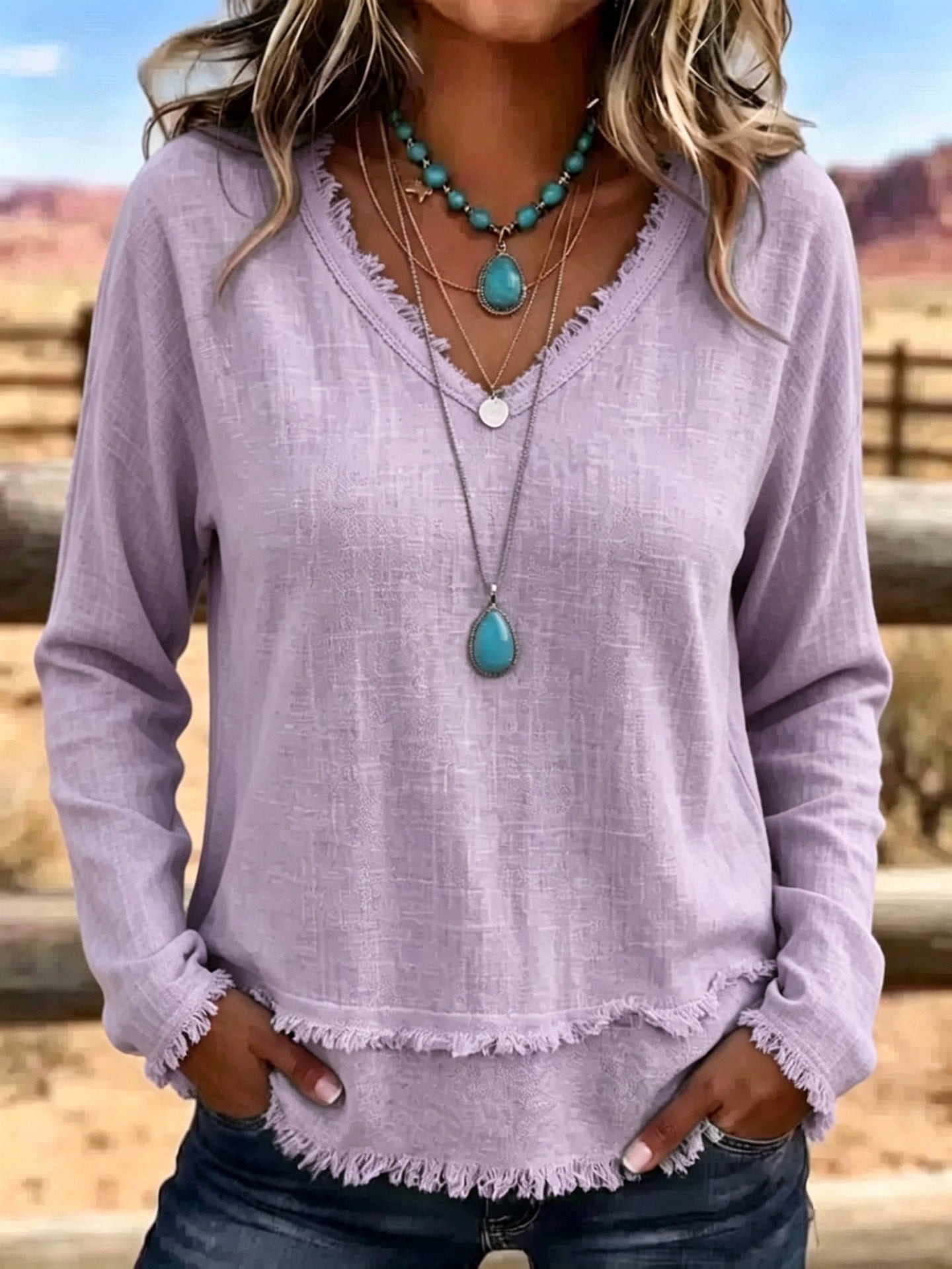 Isabelle Rousseau | Frayed V-Neck Long Sleeve Top For Women