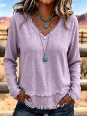 Isabelle Rousseau | Frayed V-Neck Long Sleeve Top For Women