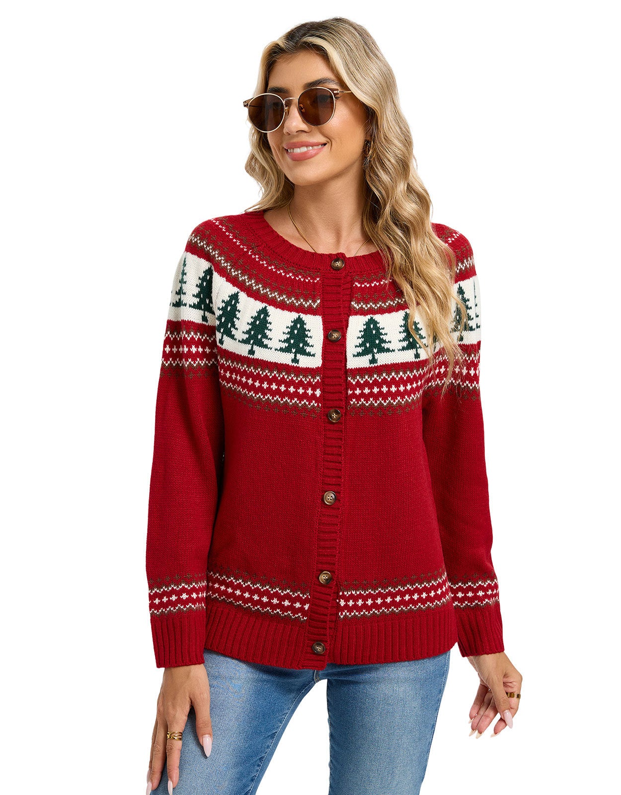Eloise Fontaine | Christmas Tree Jacquard Sweater Cardigan For Women