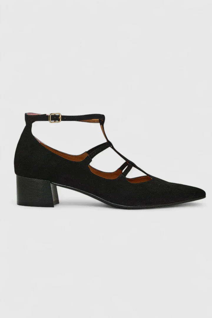 Natalia Thornecrest | Black Suede Cutout Low Heel Pumps