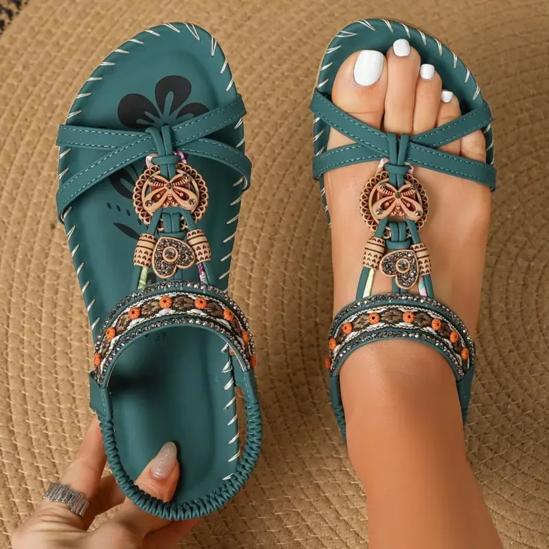Elara Bontemps | Boho Beaded Orthopedic Flat Sandals in Teal