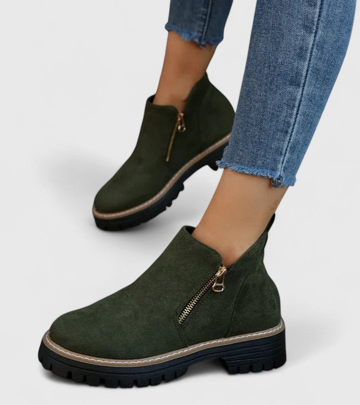 Lysandra Beauvois | Black Suede Ankle Boots with Gold Zip