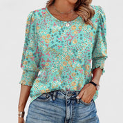 Francine Bellvaux | White Smocked Cuff 3/4 Sleeve Crew Neck Top