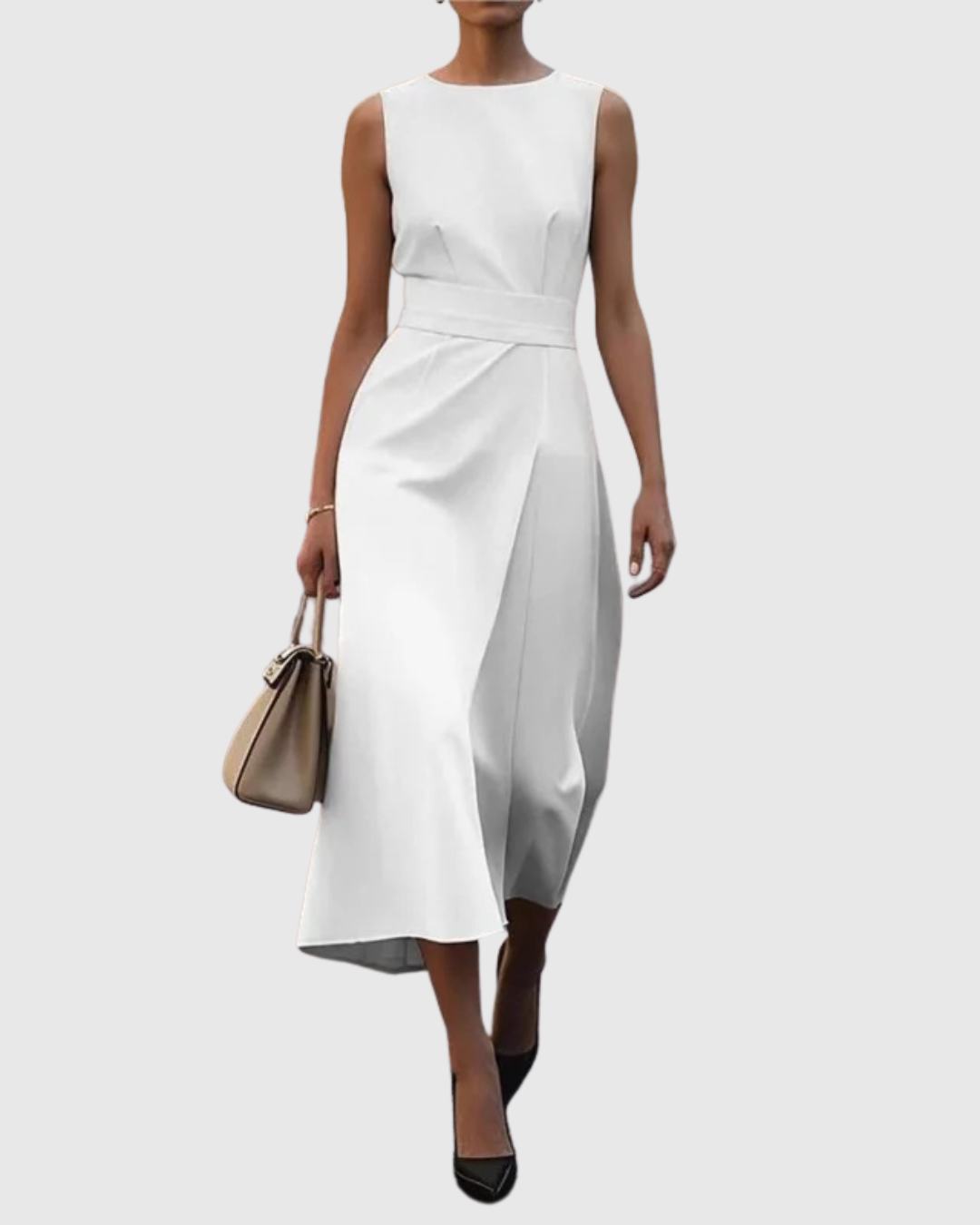 Aurelianne Fontcrest | Rust Brown Sleeveless Midi Dress with Waist Sash