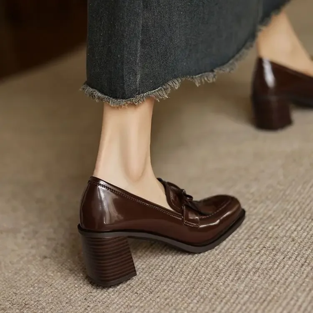 Leticia Beauvigne | Black Patent Tassel Loafer Block Heel Pump