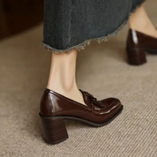 Leticia Beauvigne | Black Patent Tassel Loafer Block Heel Pump