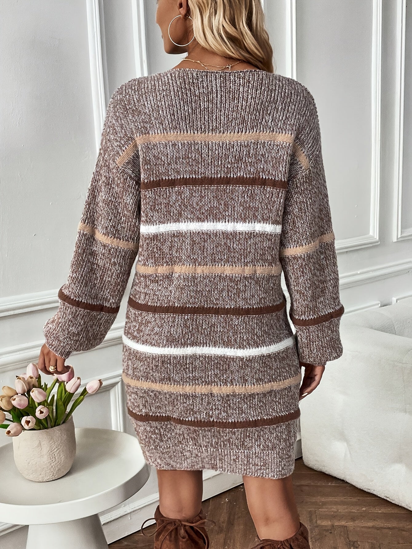 Odette Villanova | Heathered Sweater Dress With Striped Trim For Women