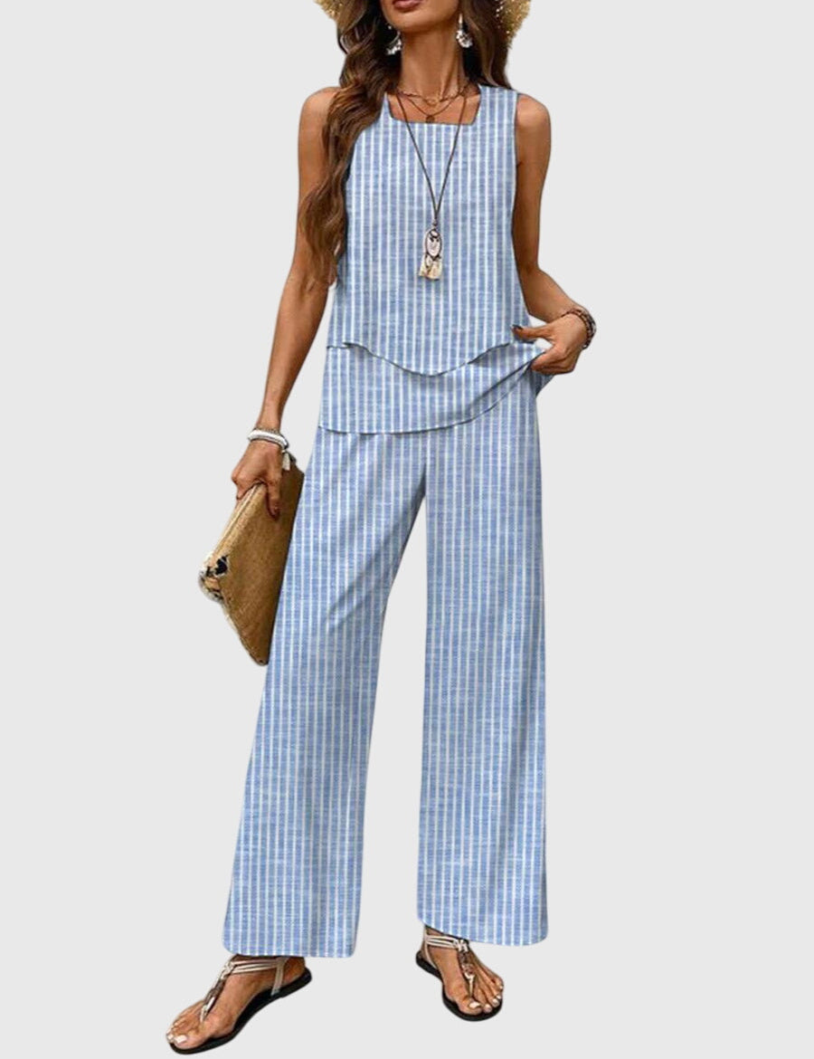 Portia Delacombe | Blue Leaf Print Sleeveless Two-Piece Set