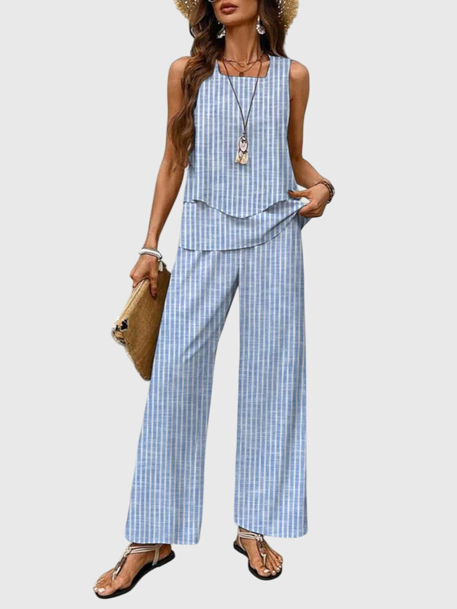 Portia Delacombe | Blue Leaf Print Sleeveless Two-Piece Set