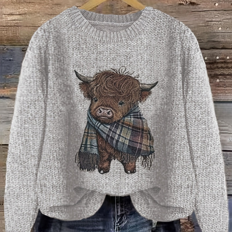 Marguerite Vaillant | Highland Cow Print Knit Sweater For Women