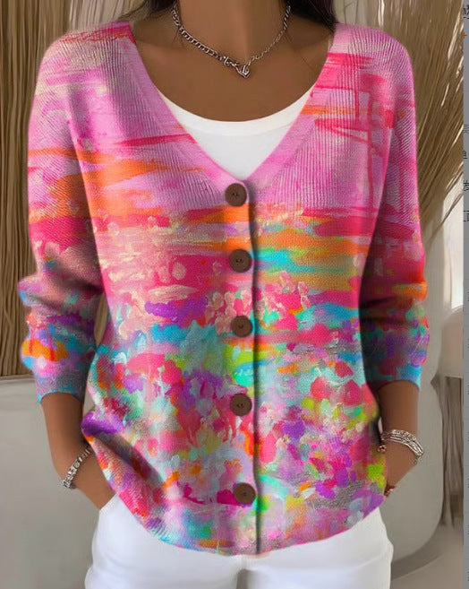 Elara Bloomfield | Printed Button-Up Knit Cardigan For Women