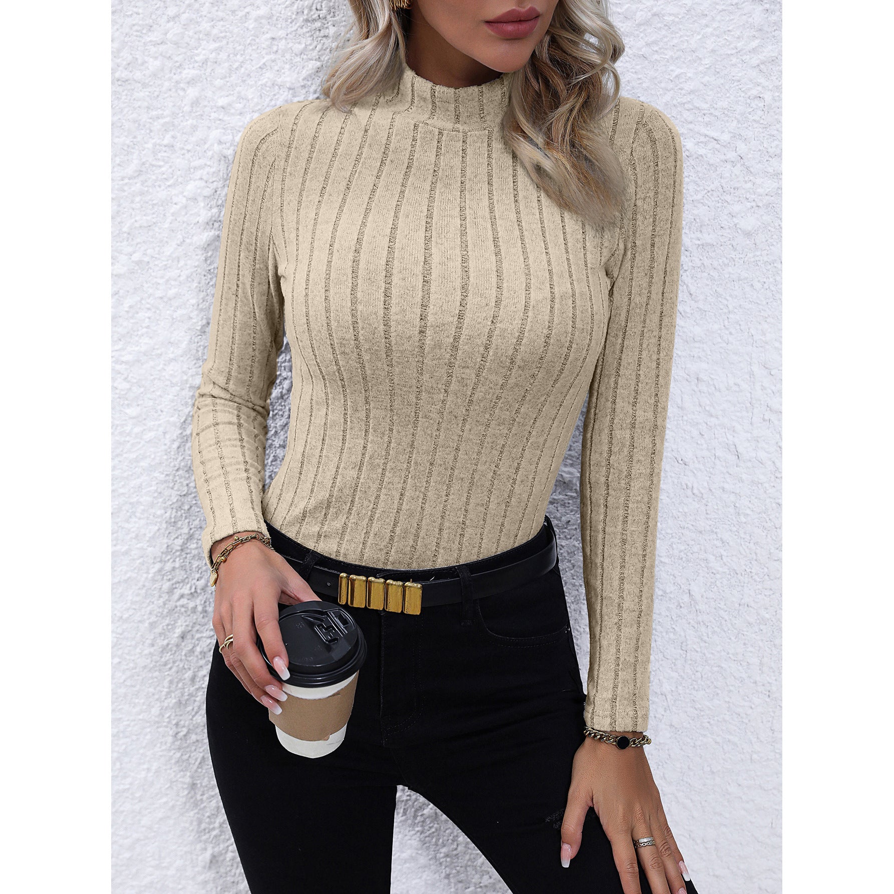 Vanessa Colombier | Ribbed Mock Neck Long Sleeve Top For Women
