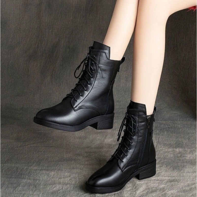 Dovie Selcroft | Black Lace Up Block Heel Ankle Boots For Women