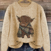 Marguerite Vaillant | Highland Cow Print Knit Sweater For Women