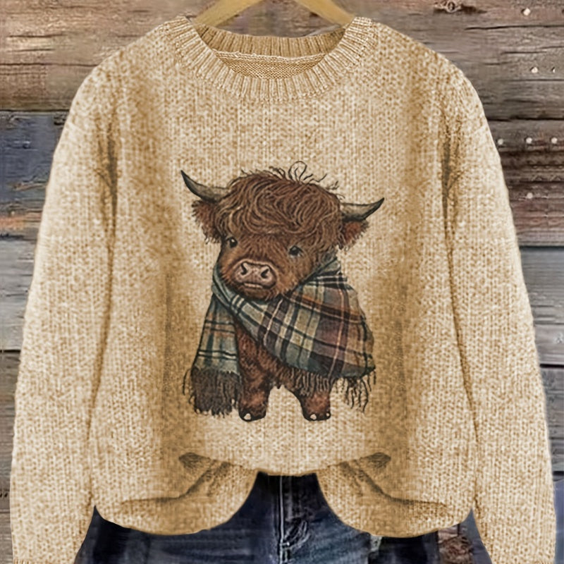 Marguerite Vaillant | Highland Cow Print Knit Sweater For Women