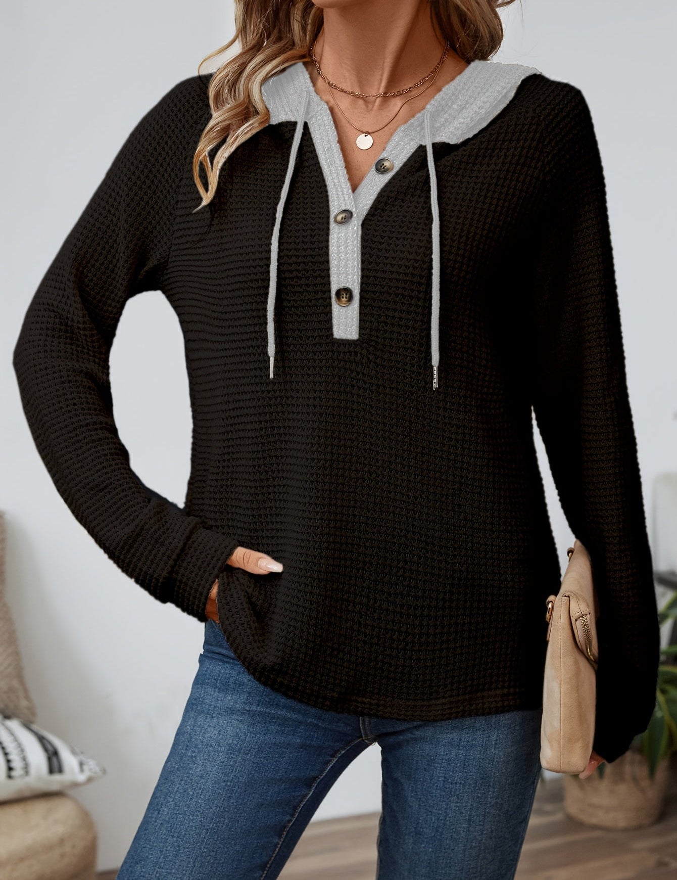 Harlow Bennett | Waffle Knit Hoodie With Contrast Hood For Women