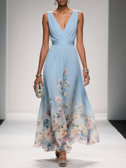 Celestine Dawnmore | Light Blue Floral Maxi V-Neck Dress