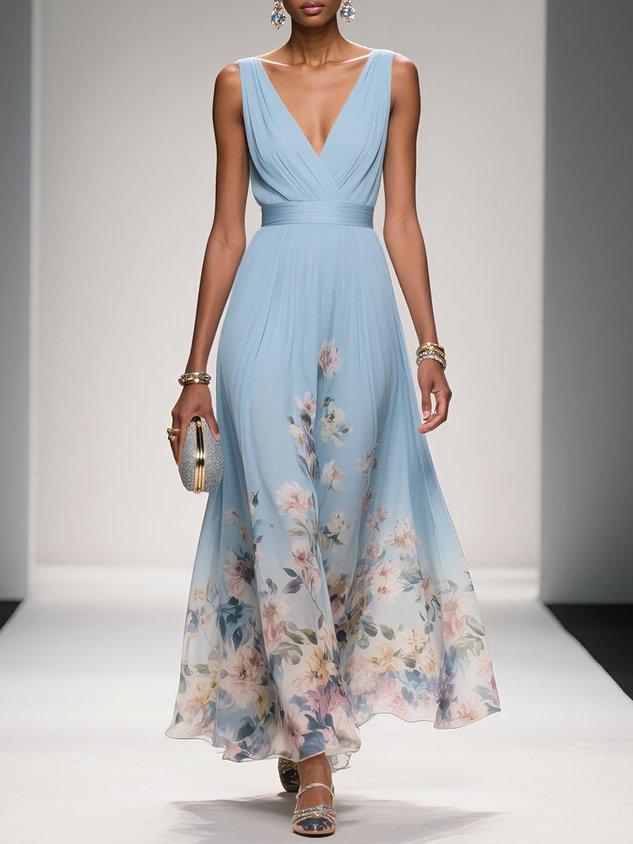 Celestine Dawnmore | Light Blue Floral Maxi V-Neck Dress