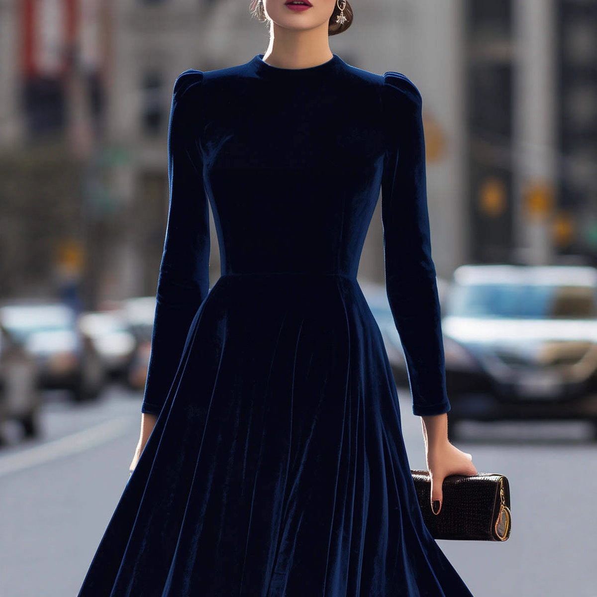 Tinsley Elmridge | Navy Velvet Long Sleeve Midi Dress For Women