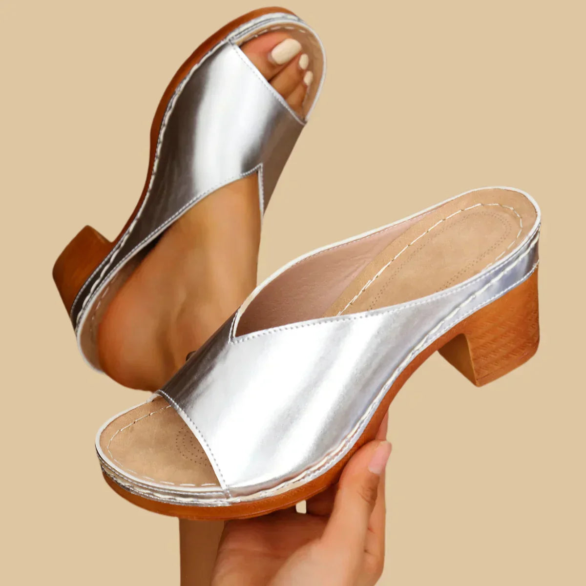 Miriam Lorentine | Silver Block Heel Slide Sandals For Women