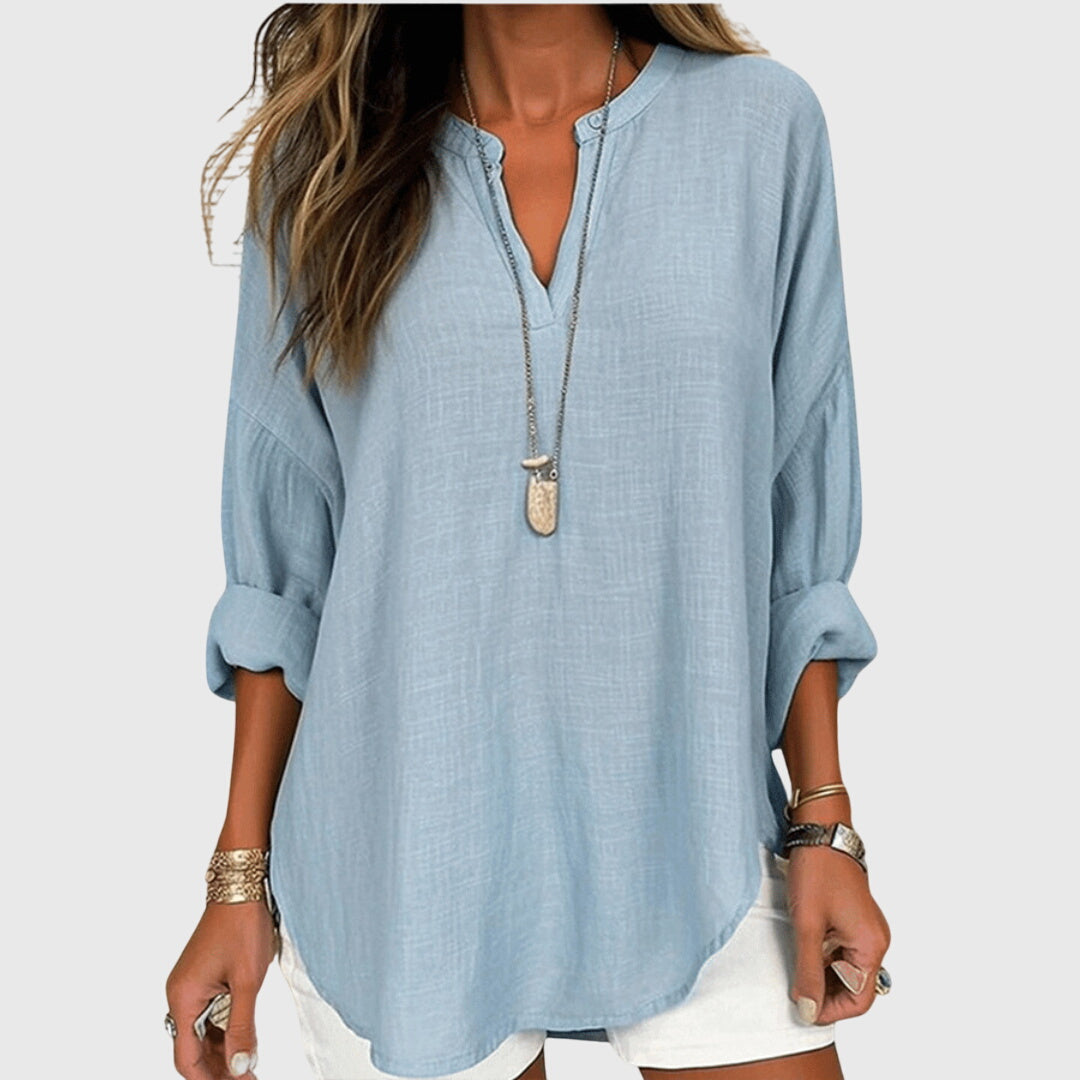 Auriane Bellsworth | Flowy Light Blue Linen V-Neck Shirt