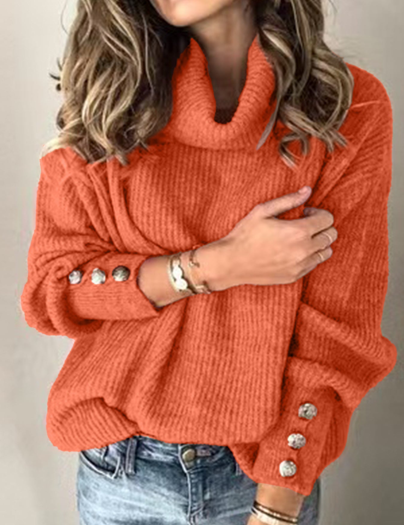 Genevieve Ashworth | Turtleneck Button-Cuff Knit Sweater For Women
