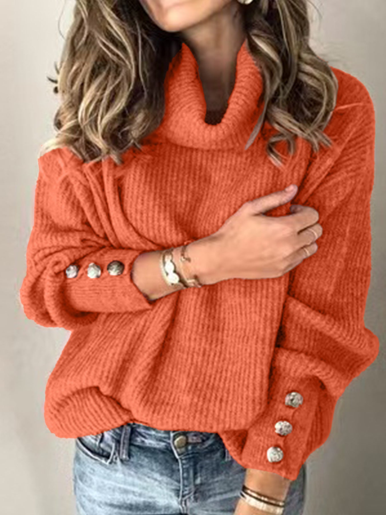 Genevieve Ashworth | Turtleneck Button-Cuff Knit Sweater For Women