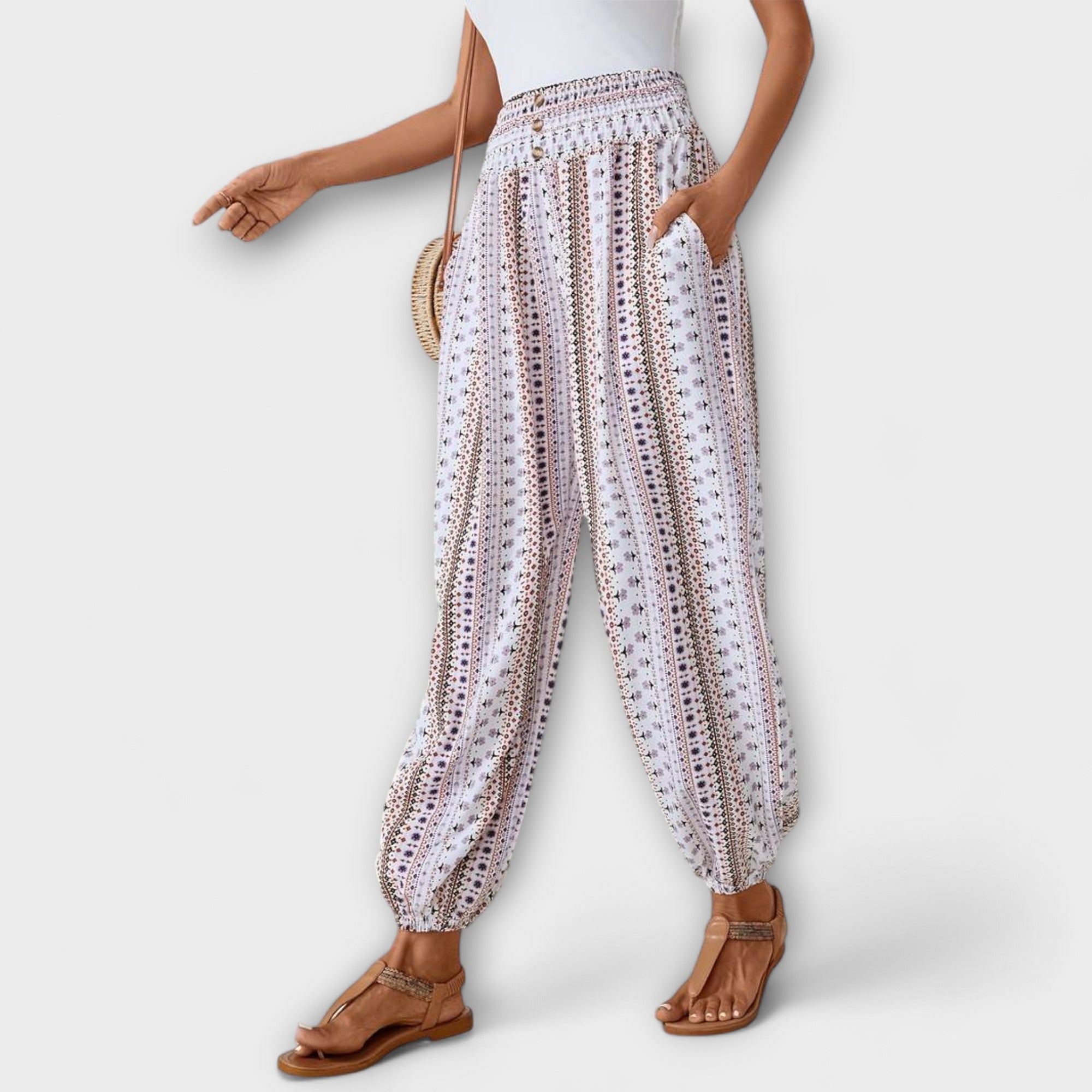 Giselle Tamberlaine | Boho Ethnic Print Smocked Waist Harem Pants