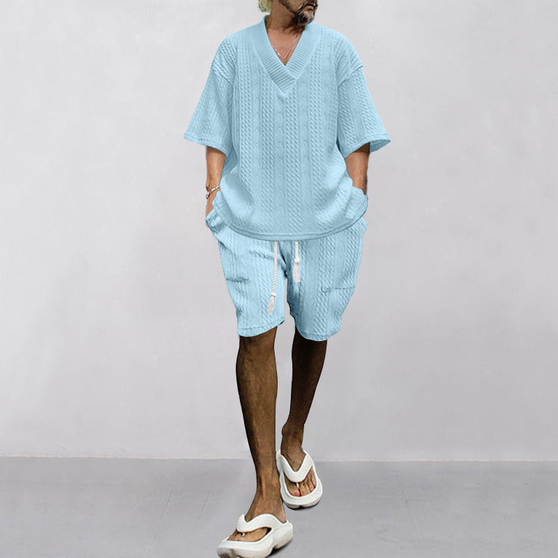 Tanner Ironwood | White Cable Knit T-Shirt & Shorts Set For Men