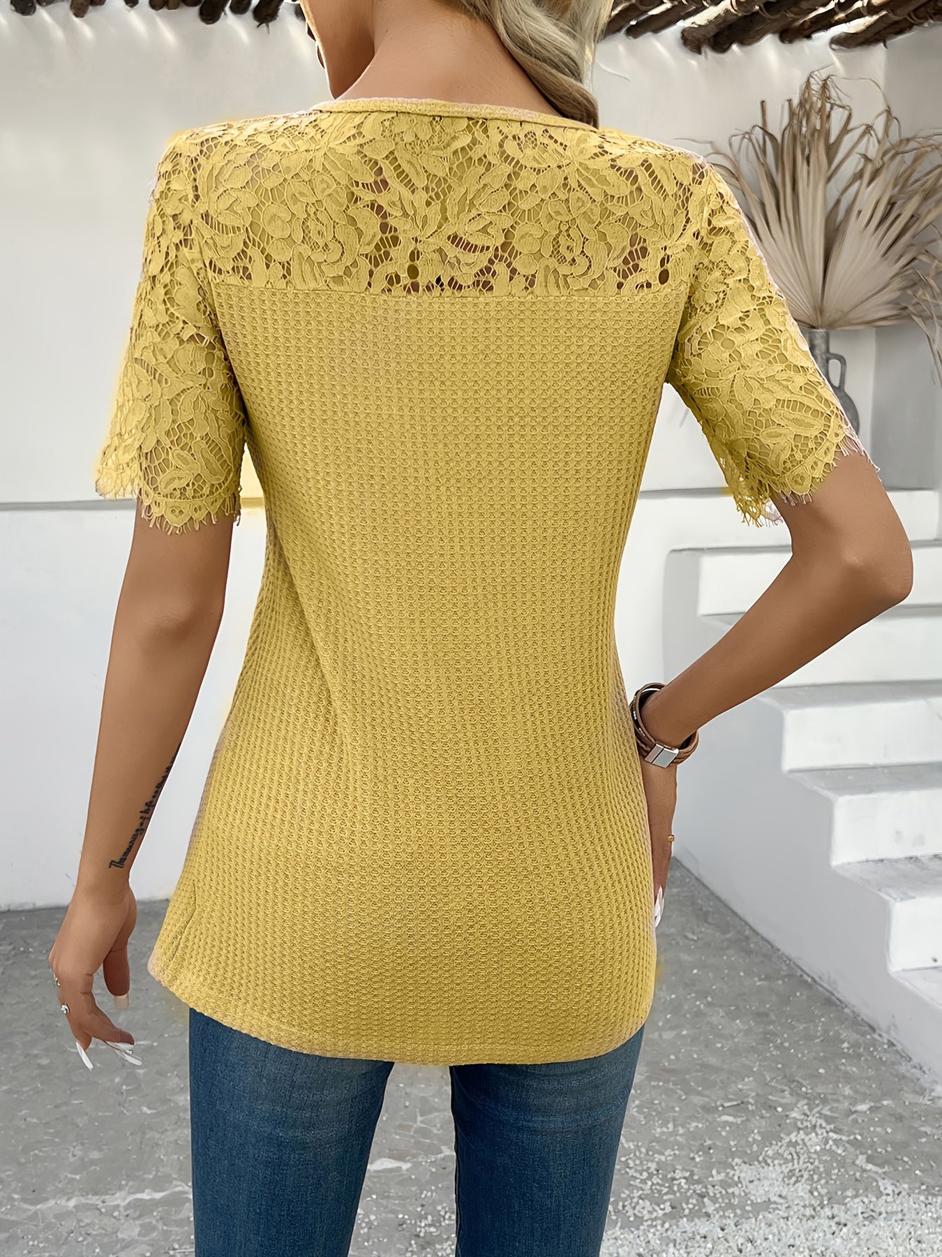 Ophélie Vasnier | Waffle Knit Top With Lace-Trimmed Sleeves