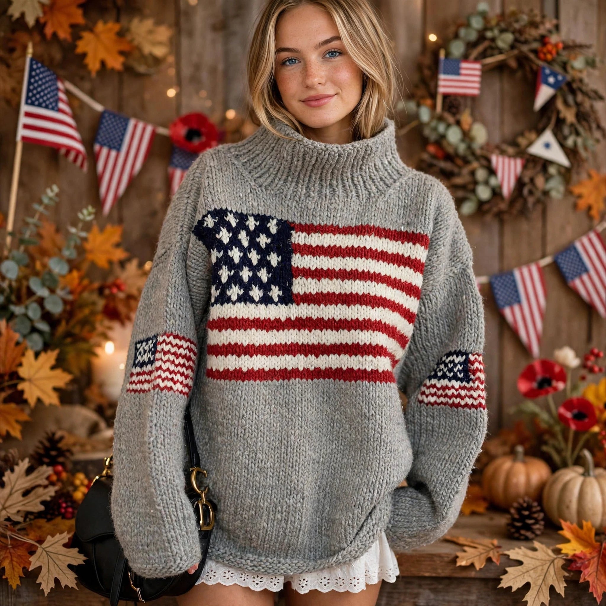 Vivienne Gravelle | Grey Chunky Knit Flag Veterans Day Sweater For Women