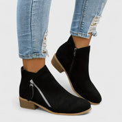 Celestine Fairvaux | Blue Suede Zip Ankle Boot with Block Heel