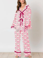 Ribbon Cheer | Green Bow Print Christmas Pyjamas For Women