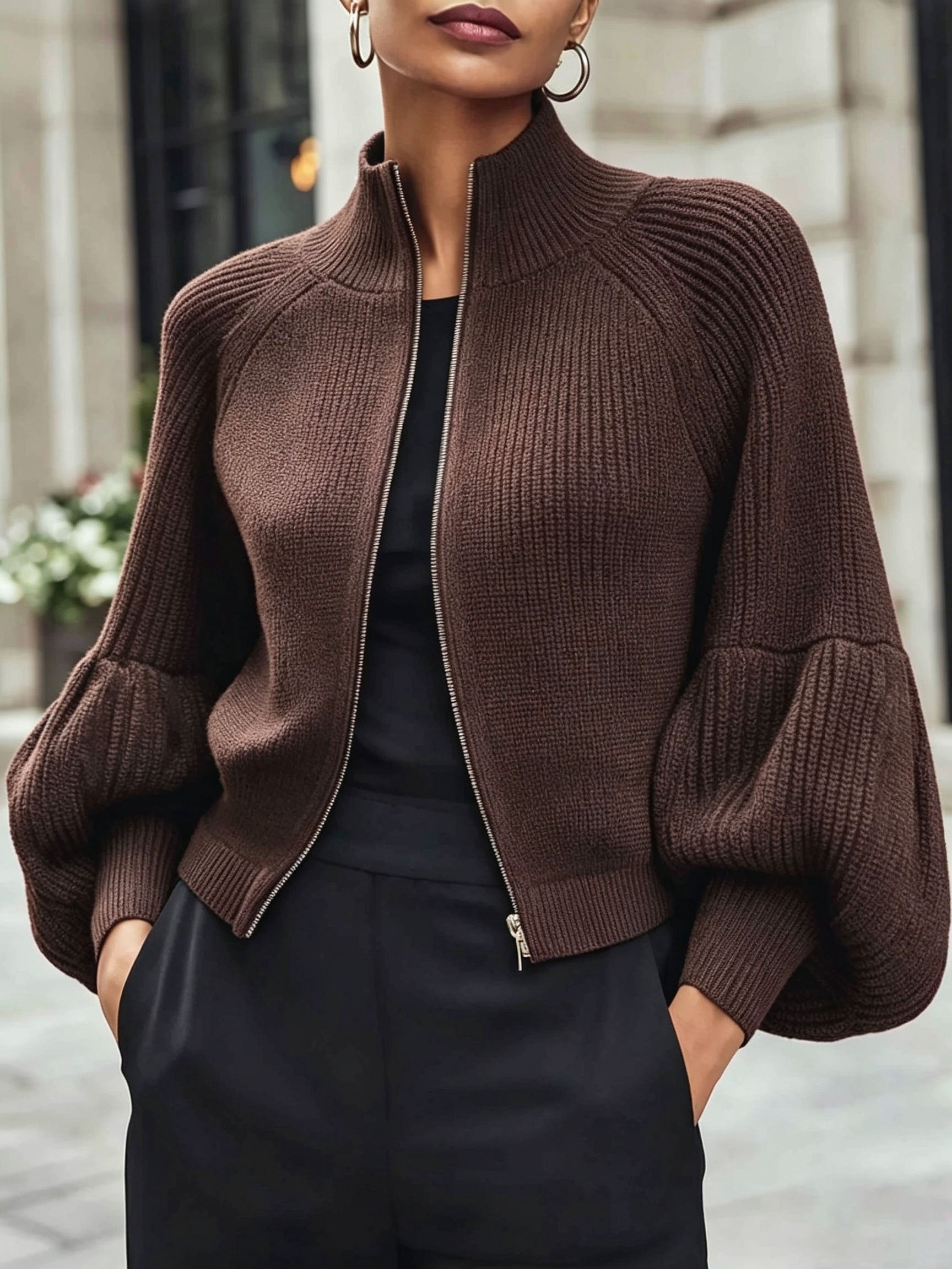 Isadora Pelletier | Puff-Sleeve Zip-Up Sweater For Women