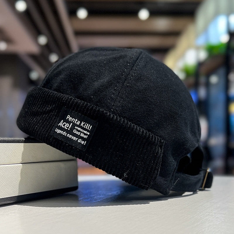 Corduroy Cuff Skull Cap Hat - Black