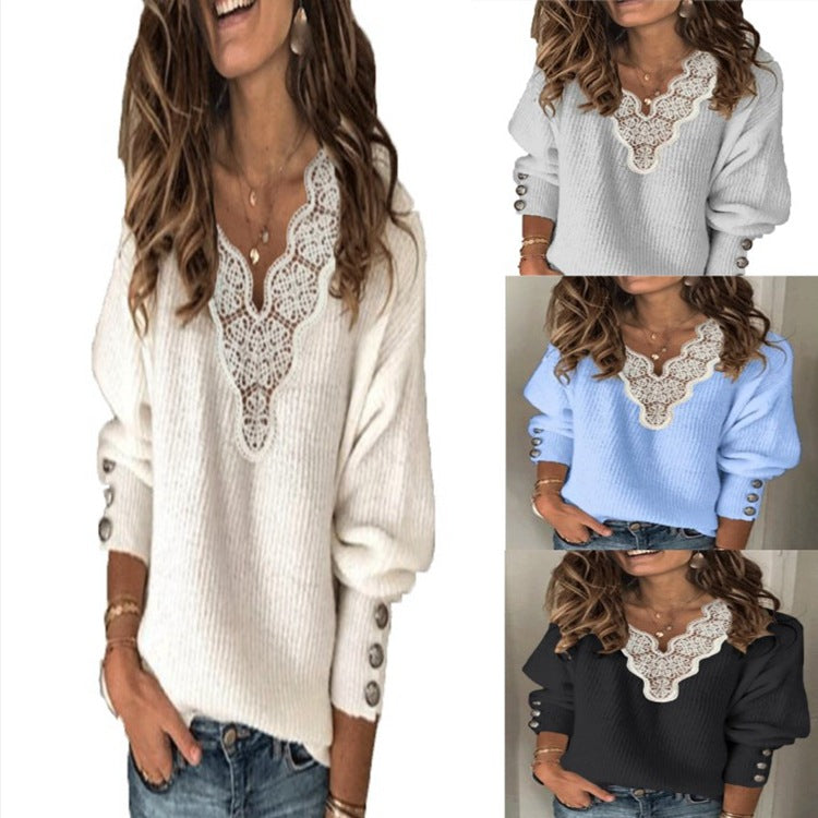 Celine Duvalier | Lace-Trim V-Neck Sweater For Women