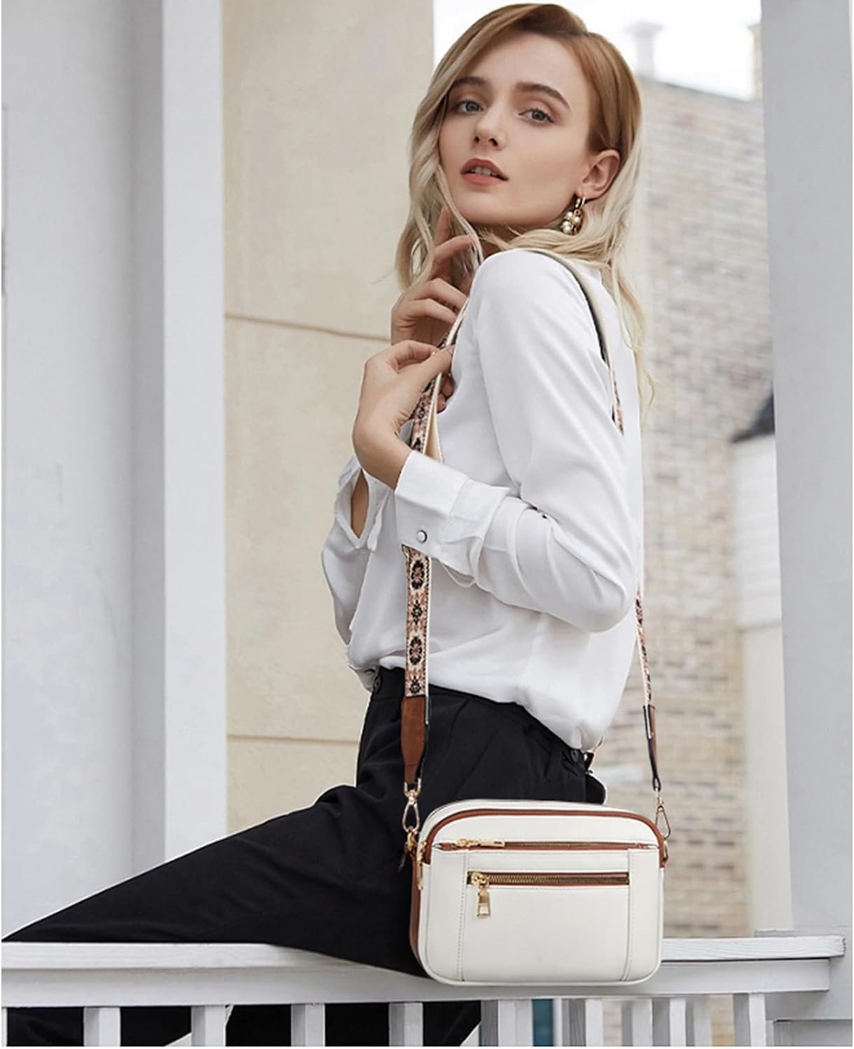 Henriette Beausoleil | White Leather Crossbody Bag with Floral Strap