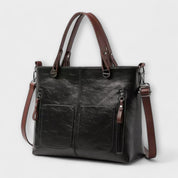 Genevieve Stourcourt | Brown Faux Leather Tote Bag with Front Pockets